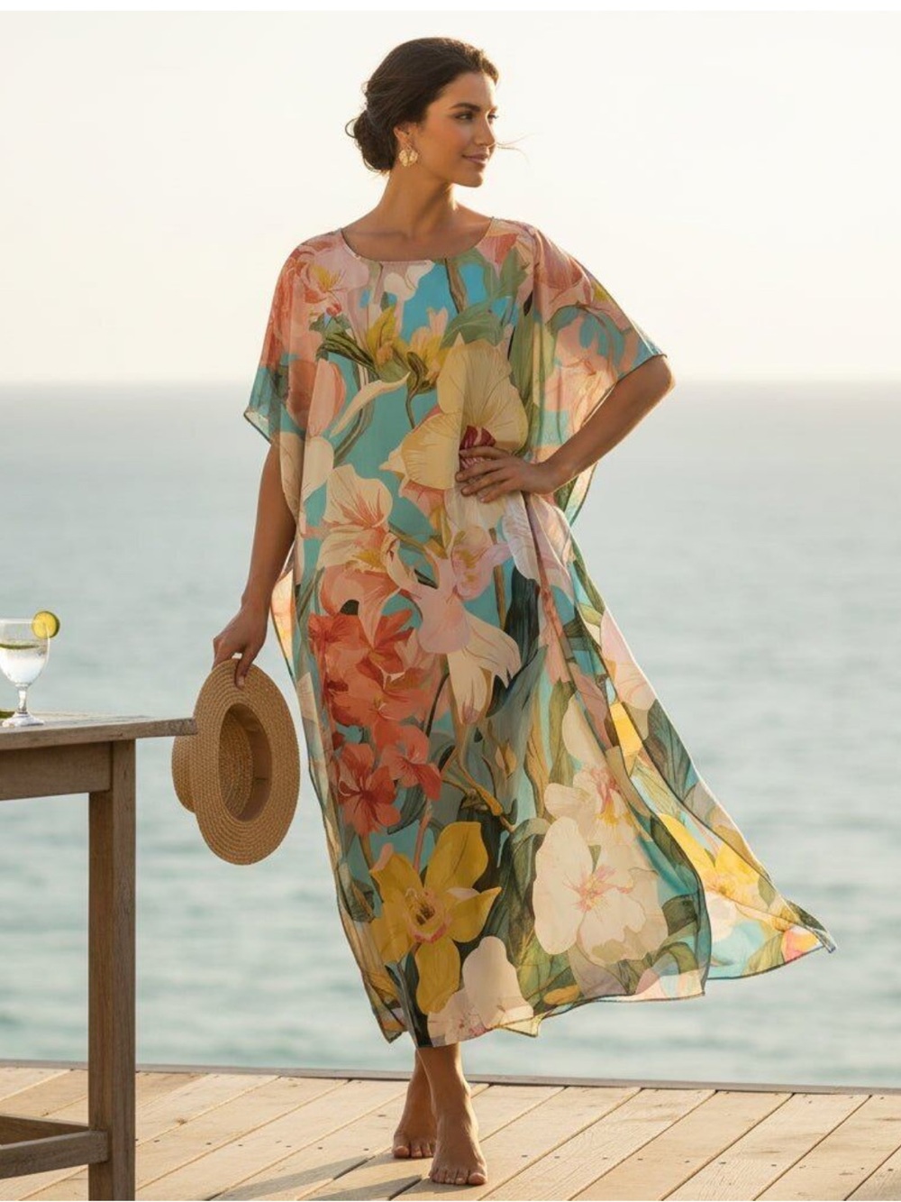 Echo New York Sheer Floral Caftan & Resort Cover Up Orchids Lightweight OneSize